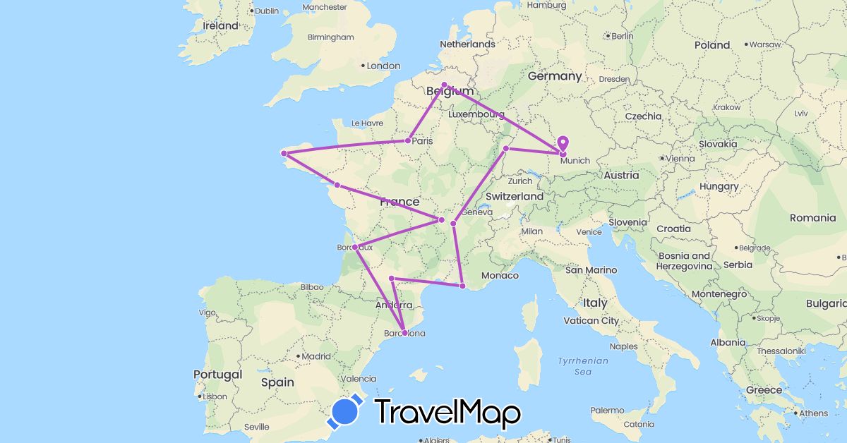 TravelMap itinerary: driving, train in Belgium, Germany, Spain, France (Europe)